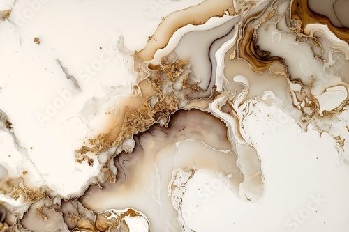 beige alcohol ink design on a white marble surface, with silver grunge accents for added texture and interest (AI Generated)
