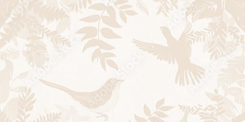 Bird and foliage silhouette design in soft beige tones with a natural and elegant aesthetic.
