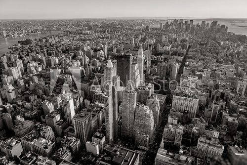 Black and white aerial view of New York cityscape 