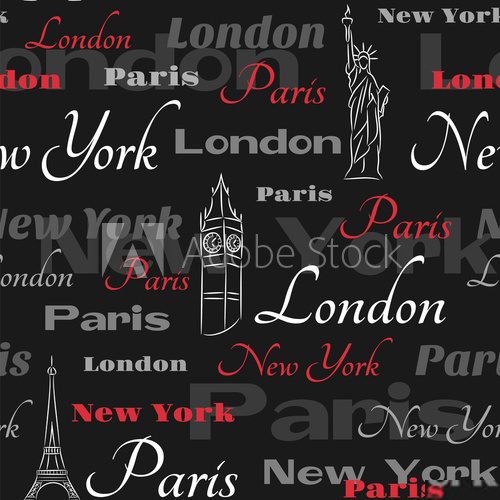 Black seamless pattern with popular cities