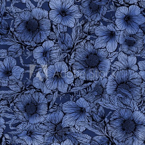 Blaues botanisches Muster mit feinen Linien