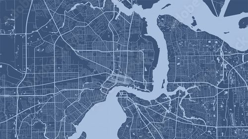 Blue vector background map, Jacksonville city area streets and water cartography illustration.