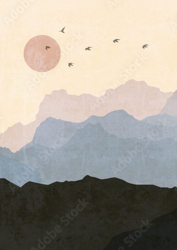 bohemian printable wall art, boho poster, pastel abstract art, landscape drawing, mountain painting. Abstract Arrangements. Landscapes, mountains. Posters. Terracotta, blush ivory watercolor