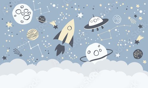 Children graphic illustration for nursery, wall, book cover, textile, cards. Interior design for kids room. Vector illustration with space theme