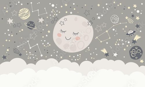 Children graphic illustration for nursery, wall, book cover, textile, cards. Interior design for kids room. Vector illustration with space theme and cute moon