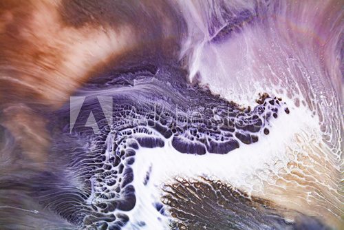 Color liquid mixing raster background. White fluid drops and foam splashes illustration. Abstract modern art. Acrylic and oil paint flow. Water splatters contemporary realistic backdrop.