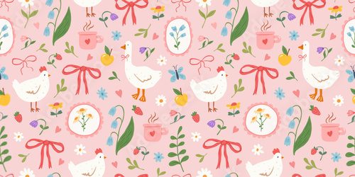 Cute vector seamless pattern with hand drawn flowers, bows, goose, chicken, leaves and herbs, strawberry. Cottagecore. Spring and summer cozy background. Gardening and country lifestyle.