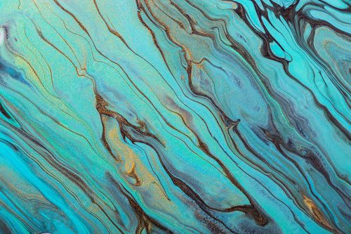 Diagonal mint green waves and gold particles. Fluid Art. Abstract marble background or texture