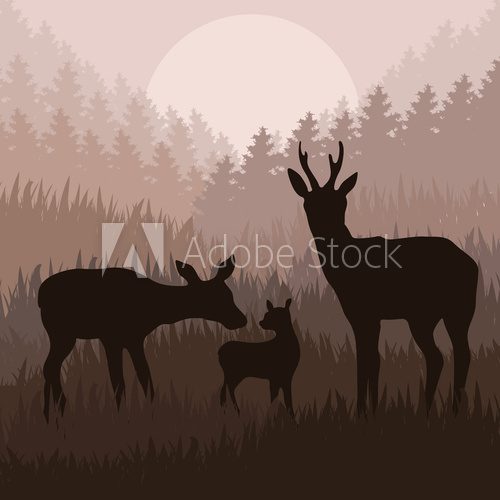 Doe family in wild nature landscape illustration