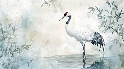 Elegant White Crane Stands in Tranquil Water Amidst Bamboo