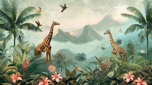 Enchanted Jungle Wallpaper with Vibrant Wildlife in Pastel Hues. A whimsical rainforest scene featuring hummingbirds, giraffes, palm trees, and exotic flowers against serene mountain backdrops.