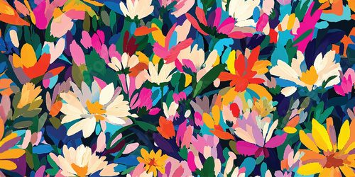 Floral abstract seamless vector pattern, spring garden, blooming meadow, bright colorful flowers, gouache painting, brush strokes vector seamless pattern, Design fabric, cover, banner, invitation