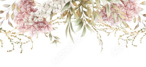 Floral border with garden flowers and foliage, can be used as invitation card for wedding, birthday and other holiday and  summer background. Botanical art. Watercolor