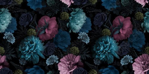 Floral seamless pattern. Multicolored flowers peonies on a black background.