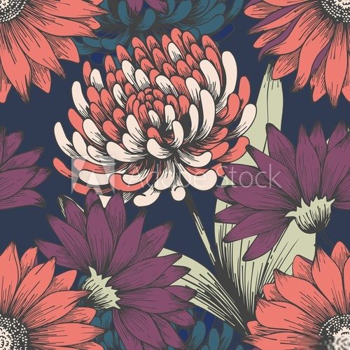 Flowers in the night garden. Hand drawing. Elegant floral pattern