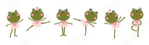 Frogs ballerinas set. Vector illustration of cute characters in ballet tutus in different poses dancing ballet. The hand-drawn cartoon in a limited palette is ideal for baby textiles and clothing.