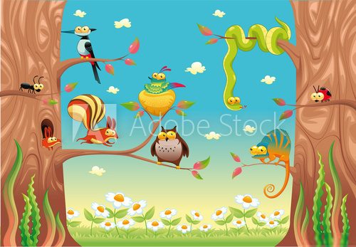 Funny animals on branches Vector scene, isolated objects