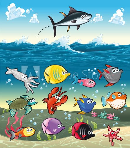 Funny fish under the sea Vector characters