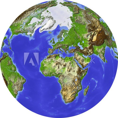 Globe, shaded relief, centered on Europe 