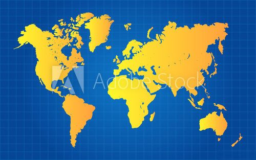 Gold World Map On Blue Grid Gradient Background 