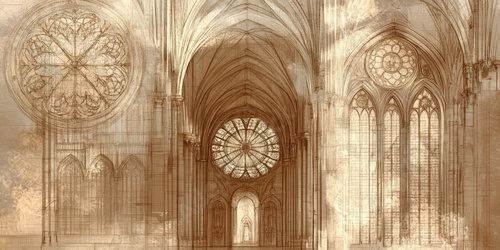 Gothic Cathedral Interior Digital Drawing Vintage Style Stained Glass Ornate Arches Intricate Carvings