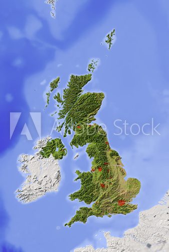 Great Britain. Shaded relief map with natural colors. 