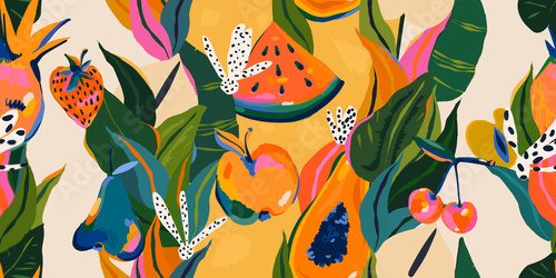 Hand drawn abstract cute fruits and flowers pattern. Collage playful contemporary print. Fashionable template for design.