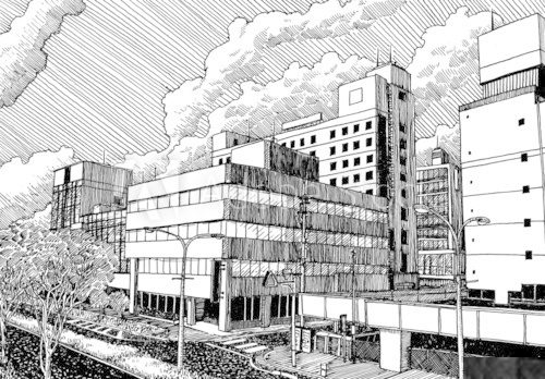 Japan urban city office buildibgs view drawing ink sketch style 