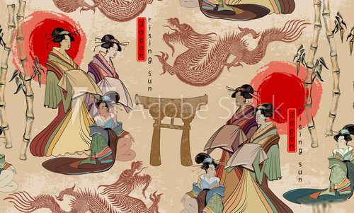 Japanese and Chinese culture seamless pattern. Geishas and dragons. Traditional Japanese culture, red sun, dragons and geisha woman pattern. Japan art