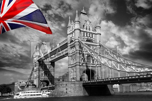 London Tower Bridge with colorful flag of England 