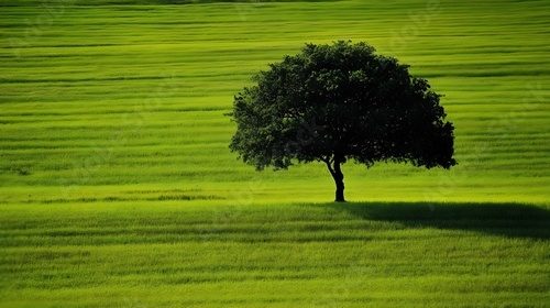 Lone tree on vibrant green field