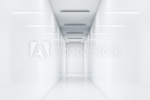 Long office corridor with white walls. Very bright light. Lamps reflecting in the walls. Concept of a successful company. 3d rendering. Mock up
