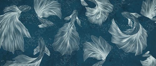 Luxury art background with hand drawn koi fish in golden line art style. Vector banner with oriental pattern for wallpaper, decor, print, textile, poster, interior design.