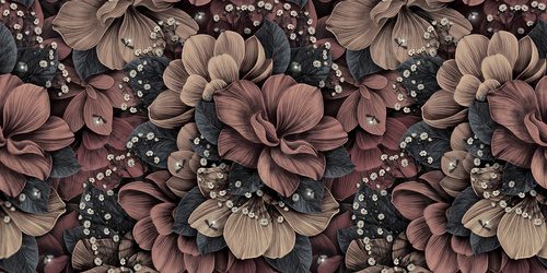 Luxury wallpaper, mystical seamless pattern, vintage floral background. Delicate big flowers, hydrangea, burgundy, beige, gypsophila, gray leaves, magic fireflies. Watercolor 3d illustration, texture