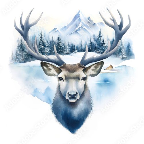 Majestic reindeer head in the snow. Winter wonderland. Watercolor illustration of a beautiful deer with a serene winter landscape and snowy pine trees in the background