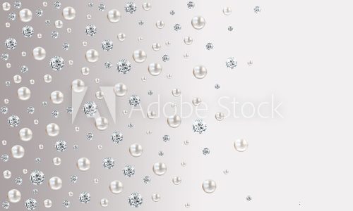 Many small and big white pearls on grey gradient satin background