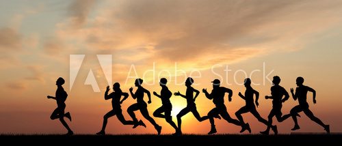 Marathon, black silhouettes of runners on the sunset 