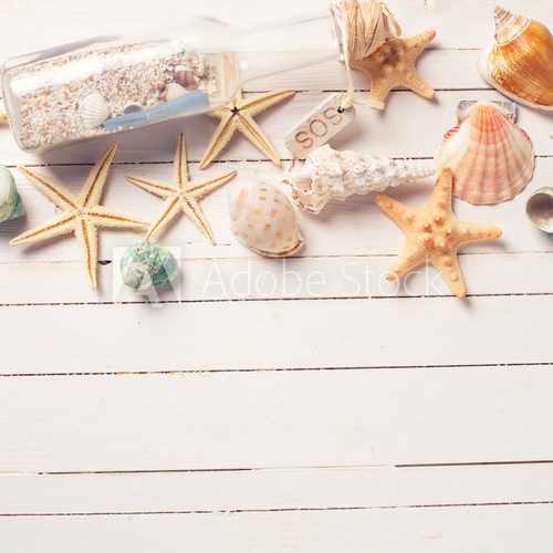 Marine items on wooden background