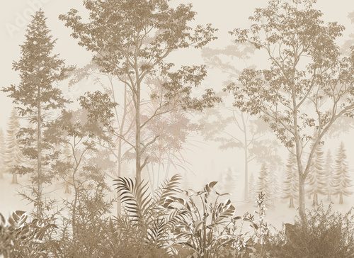 Minimalist Sepia Forest Trees and Tropical Leaves Botanical Vector Illustration