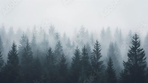 misty dark forest silhouette against foggy white sky atmospheric landscape