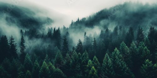 Misty landscape with fir forest in vintage retro style. Generative AI