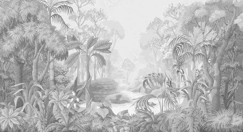 Monochrome jungle landscape. Vector interior print.