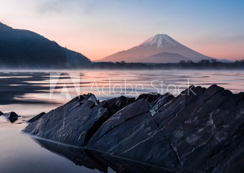 Mount fuji rocks and water at lake shoji