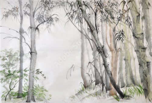 Original watercolor painting of bamboo forest on rice paper.
