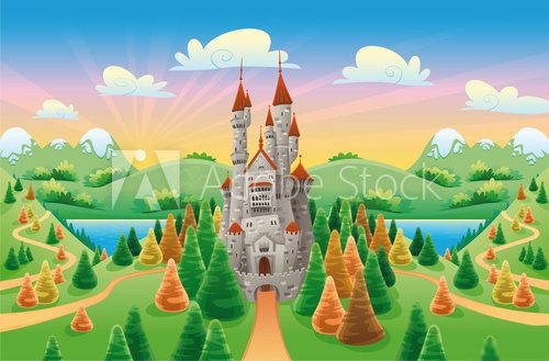 Panorama with medieval castle Cartoon and vector illustration