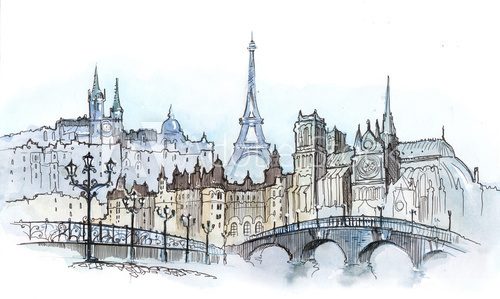 Pariser Skyline in Aquarell