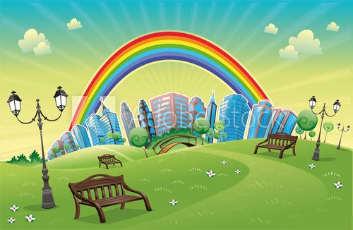 Park with rainbow. Funny cartoon and vector scene.