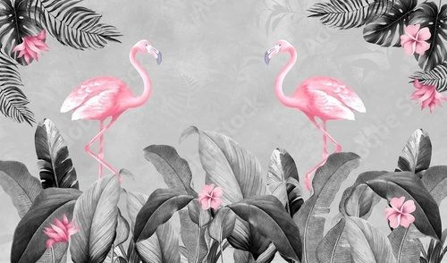 Photo wallpapers for the room. Pink flamingos. Flamingos on a background of leaves. Tropical leaves, tropics, flamingos.