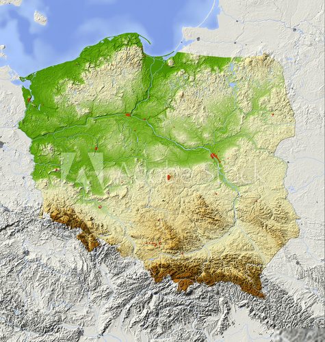 Poland, relief map, colored according to elevation 