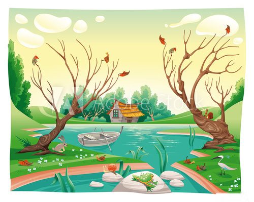 Pond and animals Funny cartoon and vector illustration